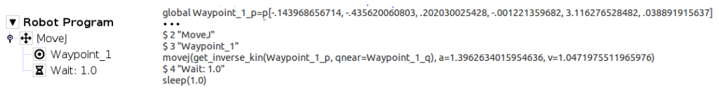 Rys. 1. Po lewej: wycinek programu z graficznego interfejsu Polyscope dostępnego na panelu operatorskim. Po prawej: interpretacja programu w języku skryptowym programowanie cobotów