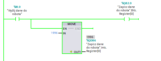 Program w sterowniku PLC wysyłający dwa rejestry do robota